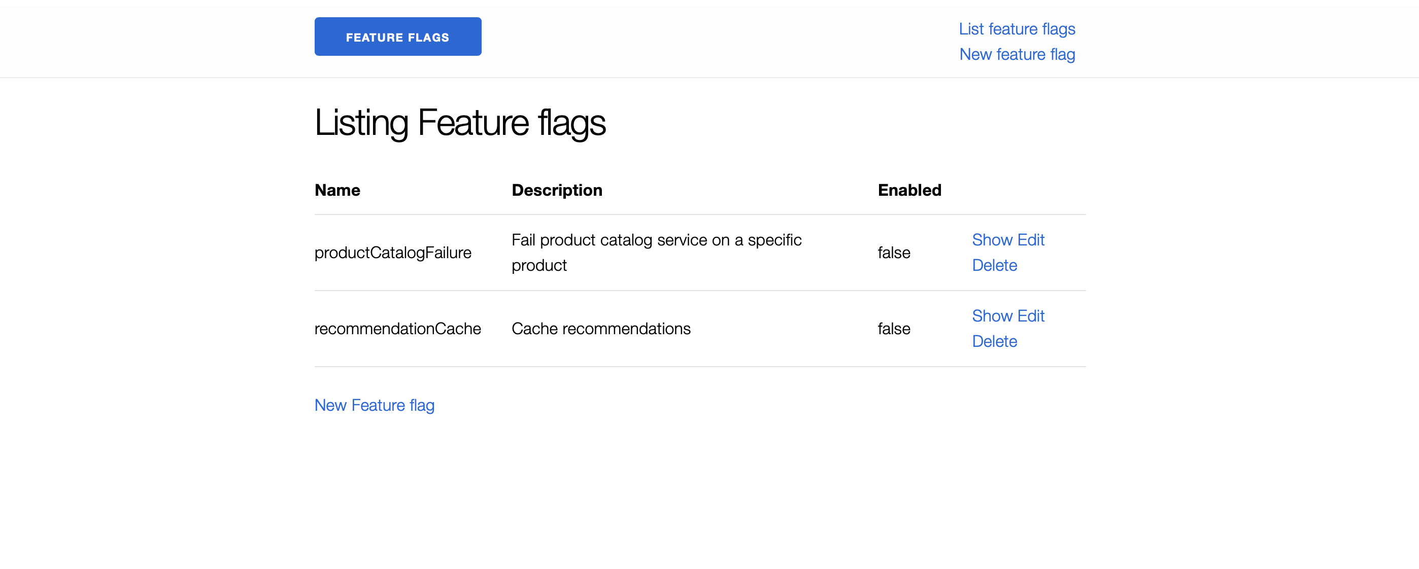 Screen capture of featureflagservice UI Screen capture of featureflagservice UI